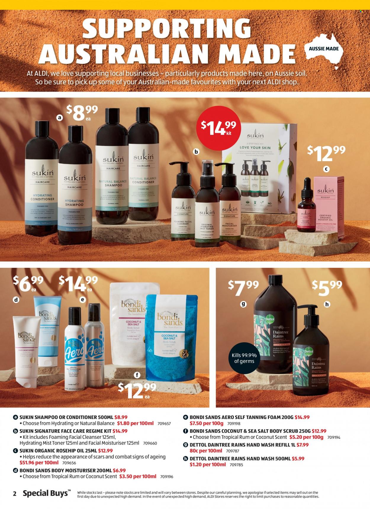 ALDI Catalogue - 12 May 2022 - 18 May 2022 - Sales products - oil, rum, Dettol, shampoo, hand wash, cleanser, toner, Bondi Sands, rosehip oil, Aussie, conditioner, Sukin, body scrub, self tanning foam, Sure, Natural Balance. Page 2.