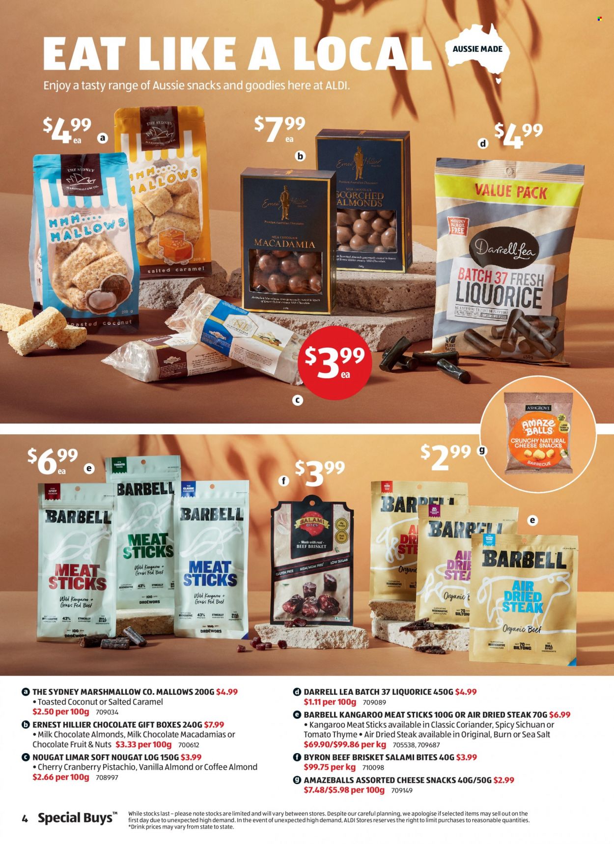 ALDI Catalogue - 12 May 2022 - 18 May 2022 - Sales products - cherries, salami, cheese, milk chocolate, chocolate, snack, nougat, marshmallows, chocolate almonds, coriander, coffee, beef meat, steak, beef brisket, Aussie, gift box. Page 4.