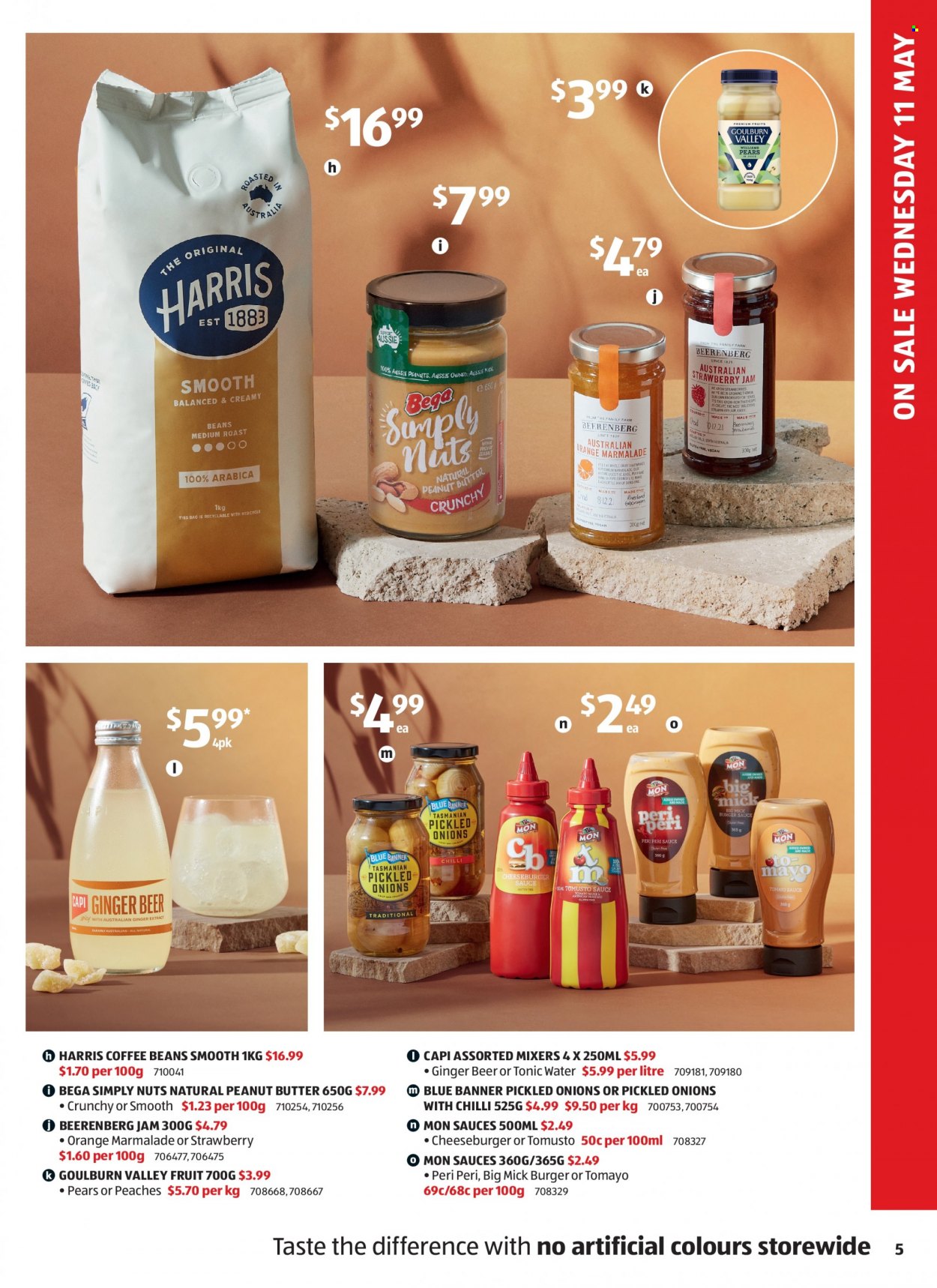 ALDI Catalogue - 12 May 2022 - 18 May 2022 - Sales products - onion, pears, orange, peaches, cheeseburger, mayonnaise, Harris, strawberry jam, peri peri sauce, jam, peanut butter, peanuts, nuts, juice, tonic, coffee beans, beer, Aussie, pipe, ginger beer. Page 5.