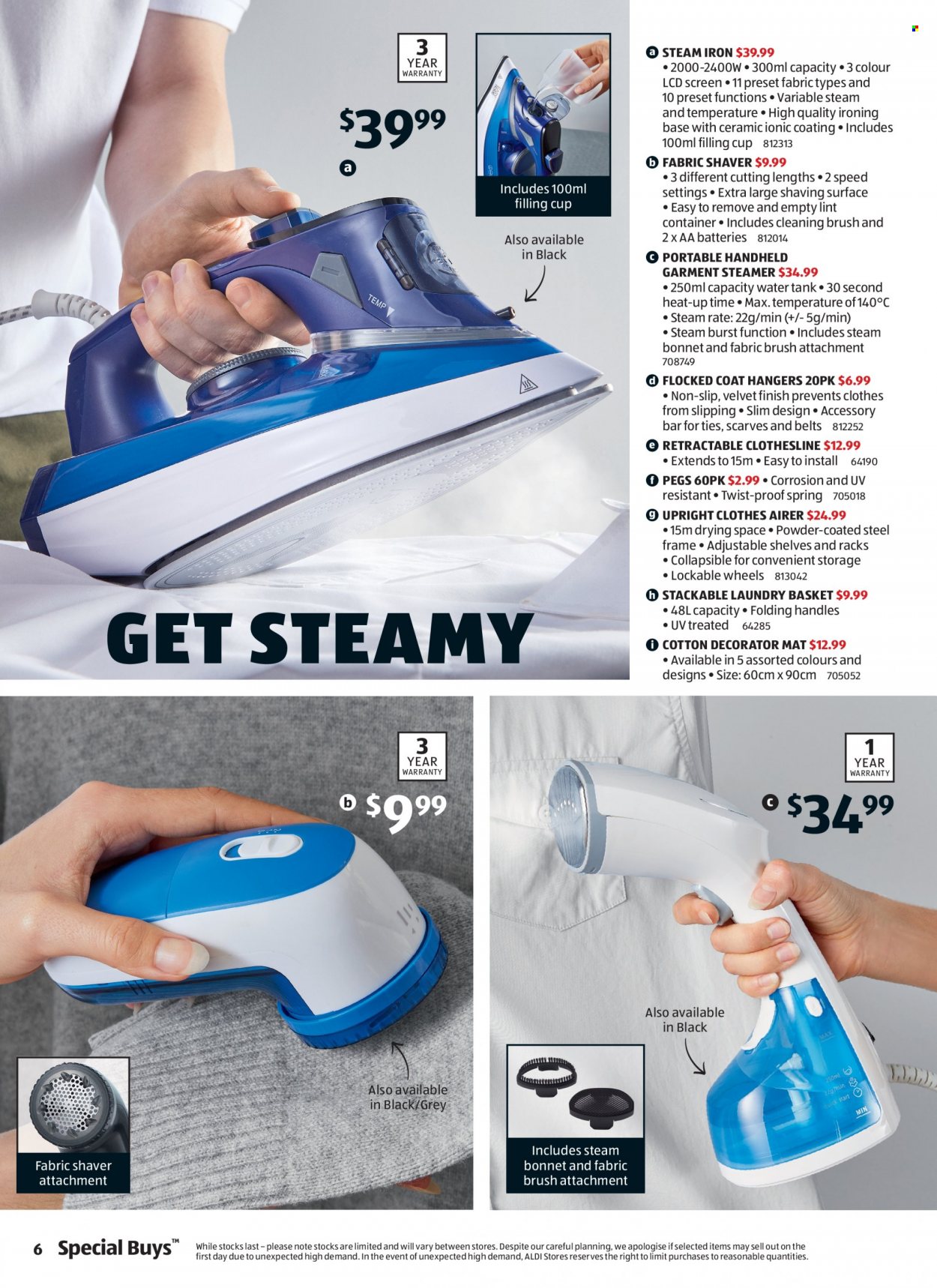 ALDI Catalogue - 12 May 2022 - 18 May 2022 - Sales products - basket, hanger, airer, cup, container, aa batteries, tank, hạndheld, steam iron, iron, garment steamer, fabric shaver, coat hanger, scarf, water tank. Page 6.