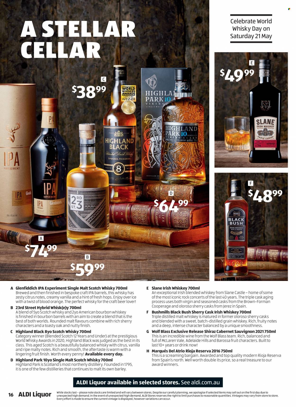 ALDI Catalogue - 12 May 2022 - 18 May 2022 - Sales products - Cabernet Sauvignon, red wine, wine, Shiraz, bourbon, sherry, whiskey, irish whiskey, liquor, Glenfiddich, bourbon whiskey, scotch whisky, whisky, beer, Castle, IPA, Hill's. Page 16.