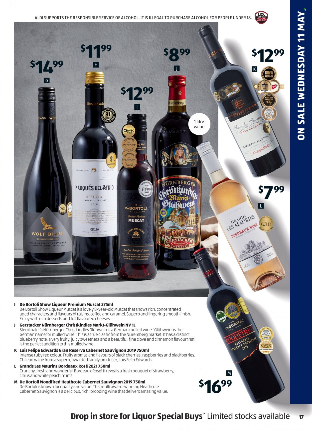 ALDI Catalogue - 12 May 2022 - 18 May 2022 - Sales products - cheese, cloves, cinnamon, raisins, dried fruit, coffee, Cabernet Sauvignon, rosé wine, liqueur, liquor, bouquet. Page 17.