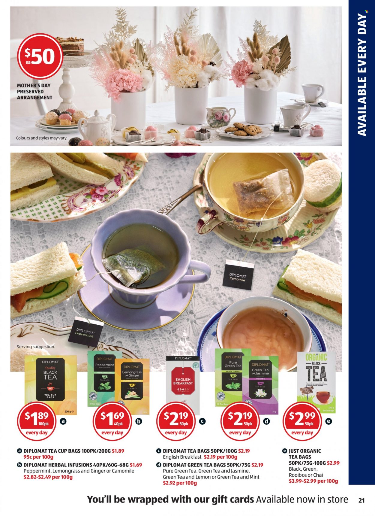 ALDI Catalogue - 12 May 2022 - 18 May 2022 - Sales products - green tea, tea bags, rooibos tea, cup, tea cup. Page 21.