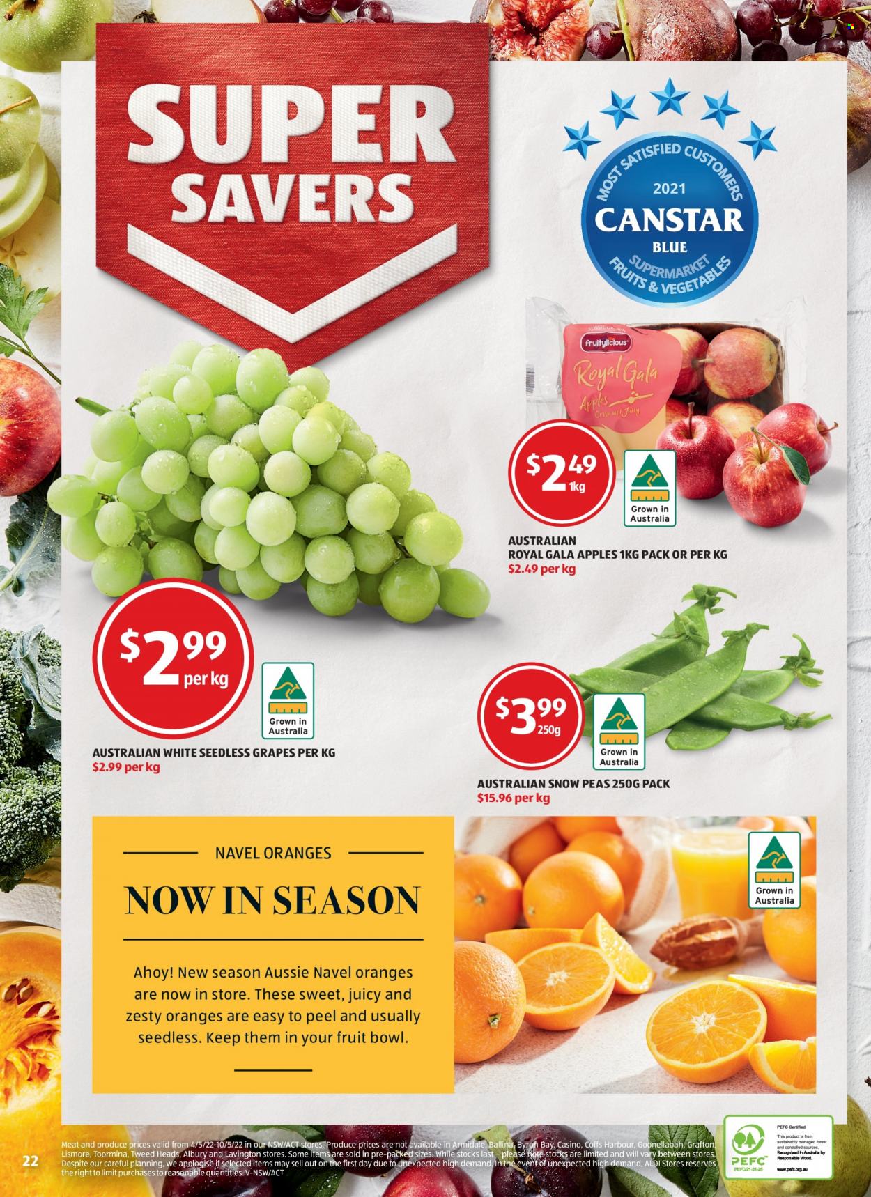 ALDI Catalogue - 12 May 2022 - 18 May 2022 - Sales products - seedless grapes, peas, Gala apple, grapes, orange, apples, navel oranges, snow peas, Aussie, bowl. Page 22.
