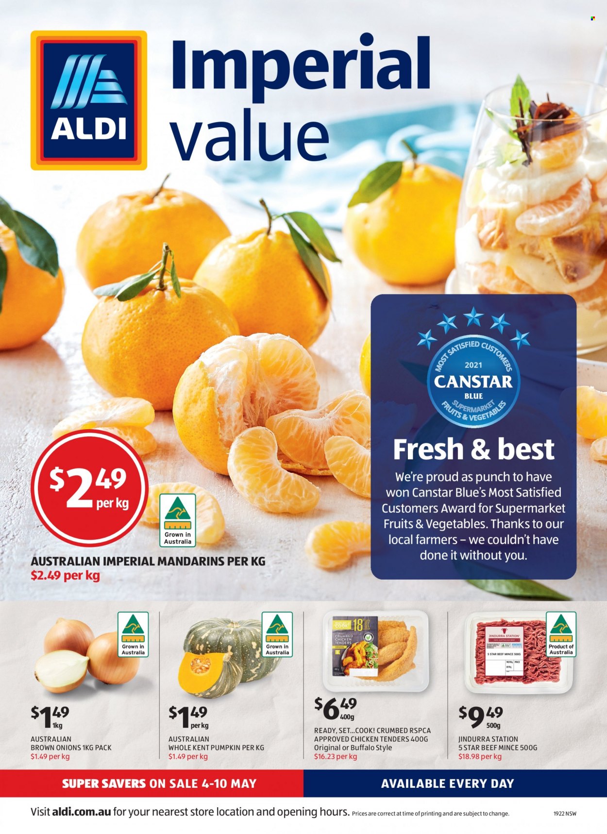ALDI Catalogue - 12 May 2022 - 18 May 2022 - Sales products - pumpkin, onion, mandarines, chicken tenders, punch, beef meat, ground beef. Page 24.