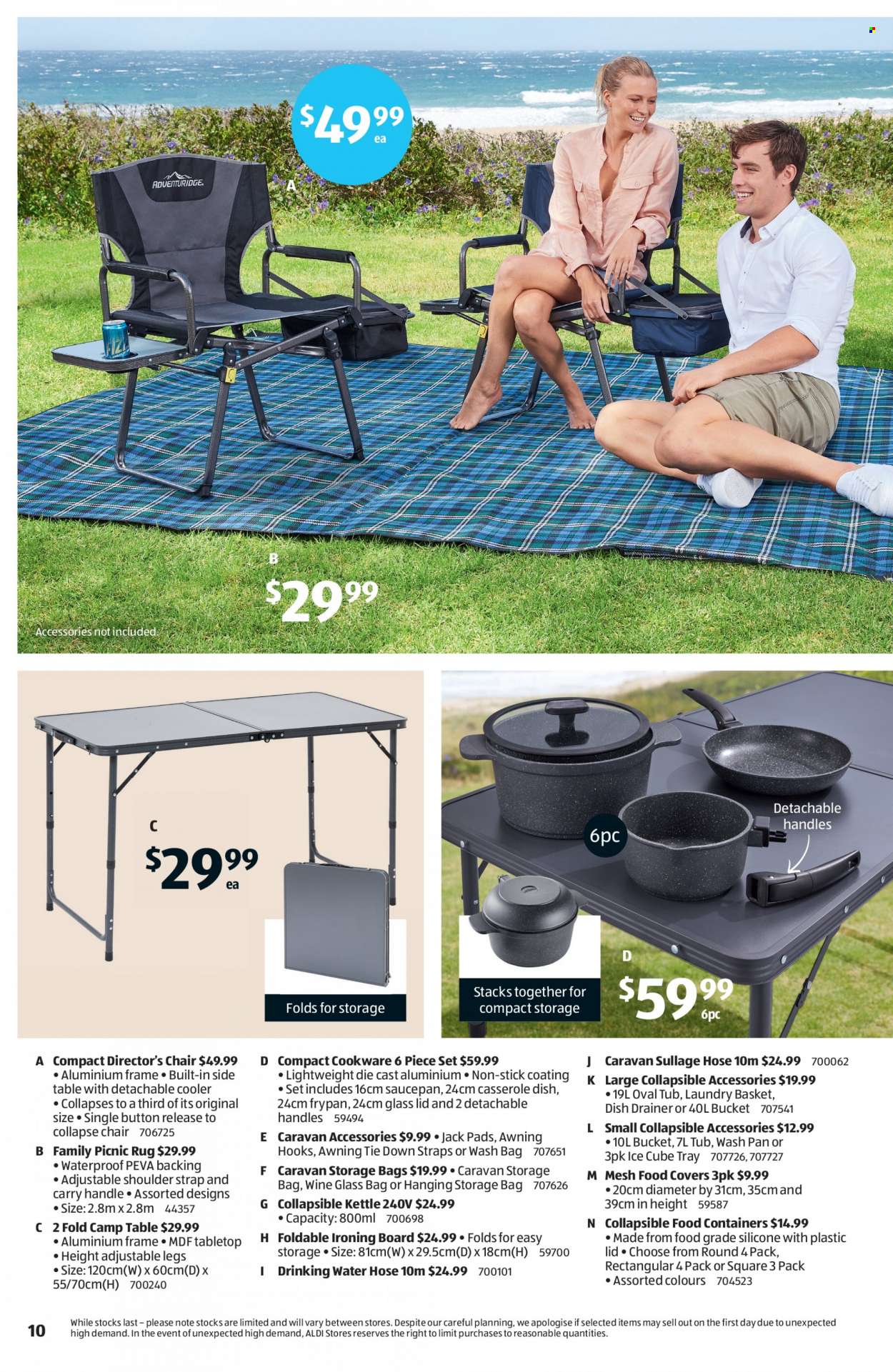 ALDI Catalogue - 19 May 2022 - 25 May 2022 - Sales products - kettle, basket, storage bag, ironing board, cookware set, lid, wine glass, pan, casserole, saucepan, frypan, table, garden hose, strap, caravan accessories, chair, picnic rug. Page 10.