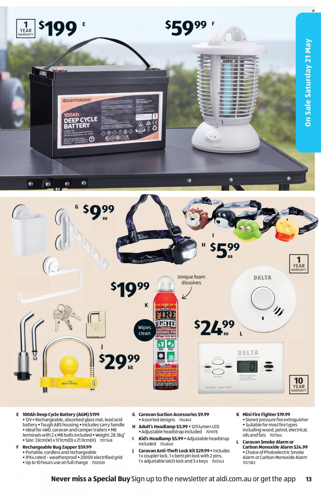 ALDI Catalogue - 19 May 2022 - 25 May 2022 - Sales products - wipes, extinguisher, pin, alarm, smoke alarm, carbon monoxide alarm, headlamp, deep cycle battery. Page 13.
