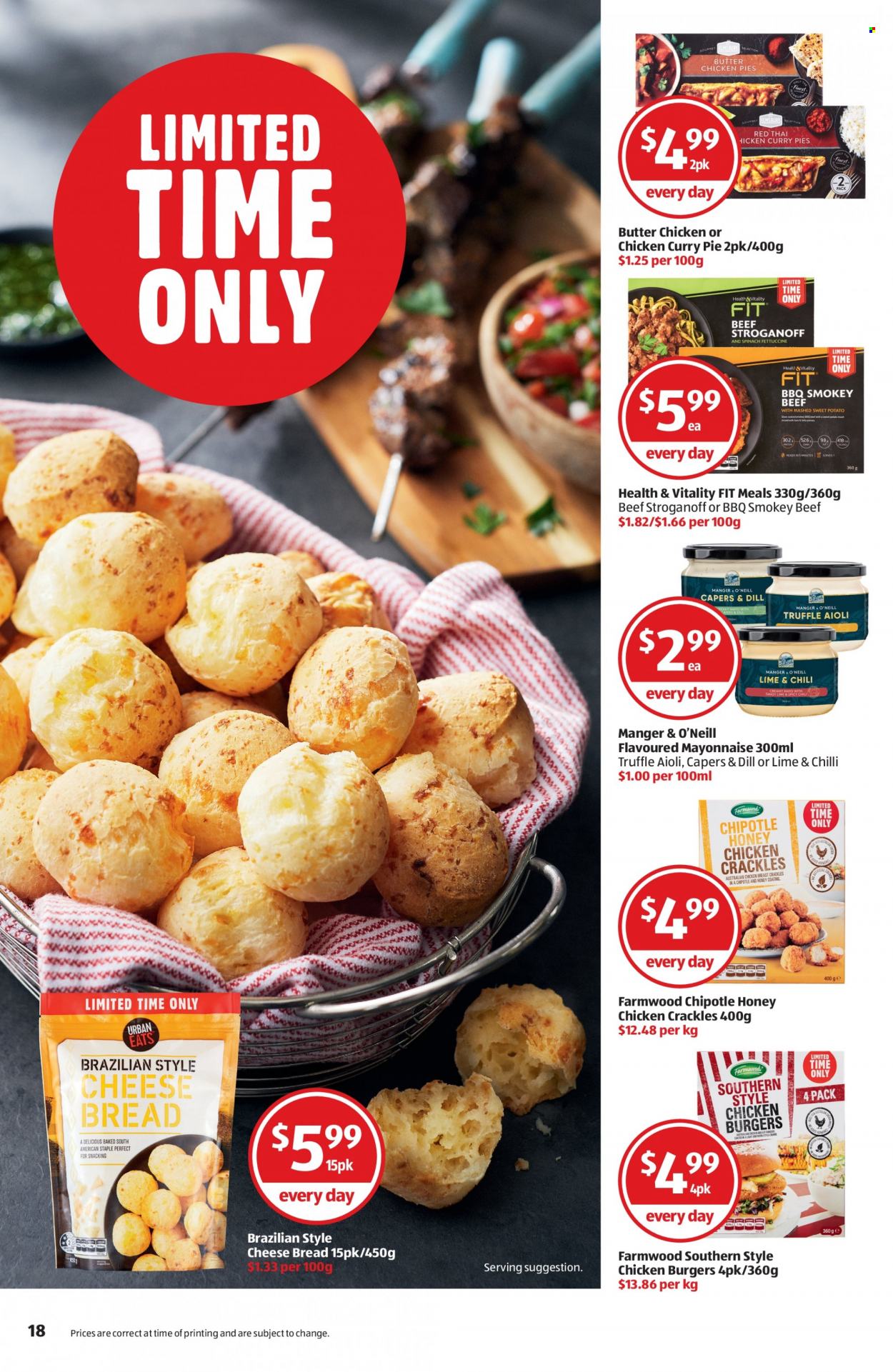 ALDI Catalogue - 19 May 2022 - 25 May 2022 - Sales products - bread, sweet potato, hamburger, chicken pies, cheese, mayonnaise, truffles, capers, dill, honey, chicken breasts, chicken meat, O‘Neill. Page 18.