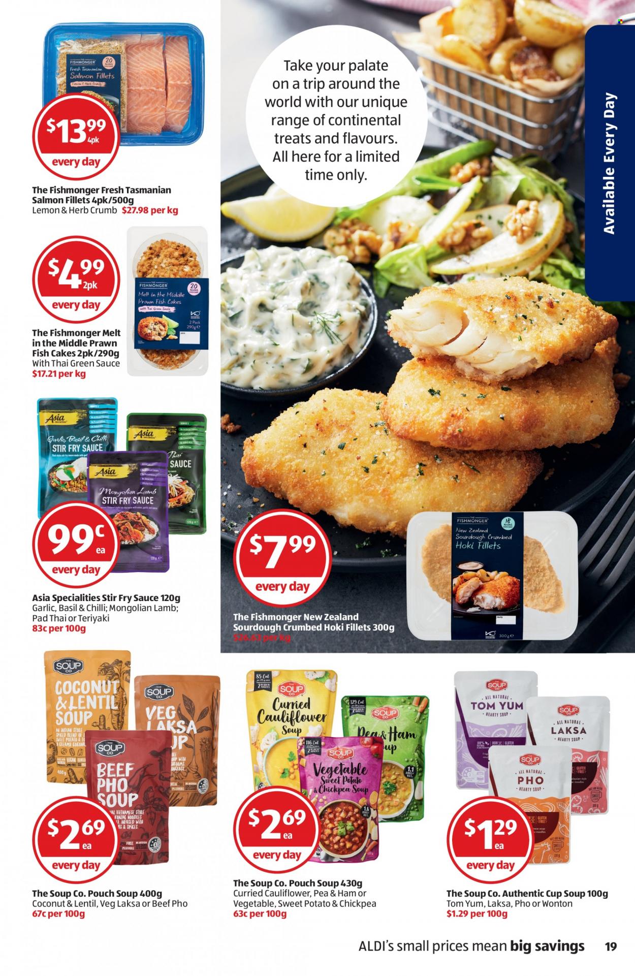 ALDI Catalogue - 19 May 2022 - 25 May 2022 - Sales products - cauliflower, garlic, salmon, salmon fillet, prawns, fish, hoki fish, Fishmonger, soup, sauce, Continental, ham, fish cake, basil, cup. Page 19.