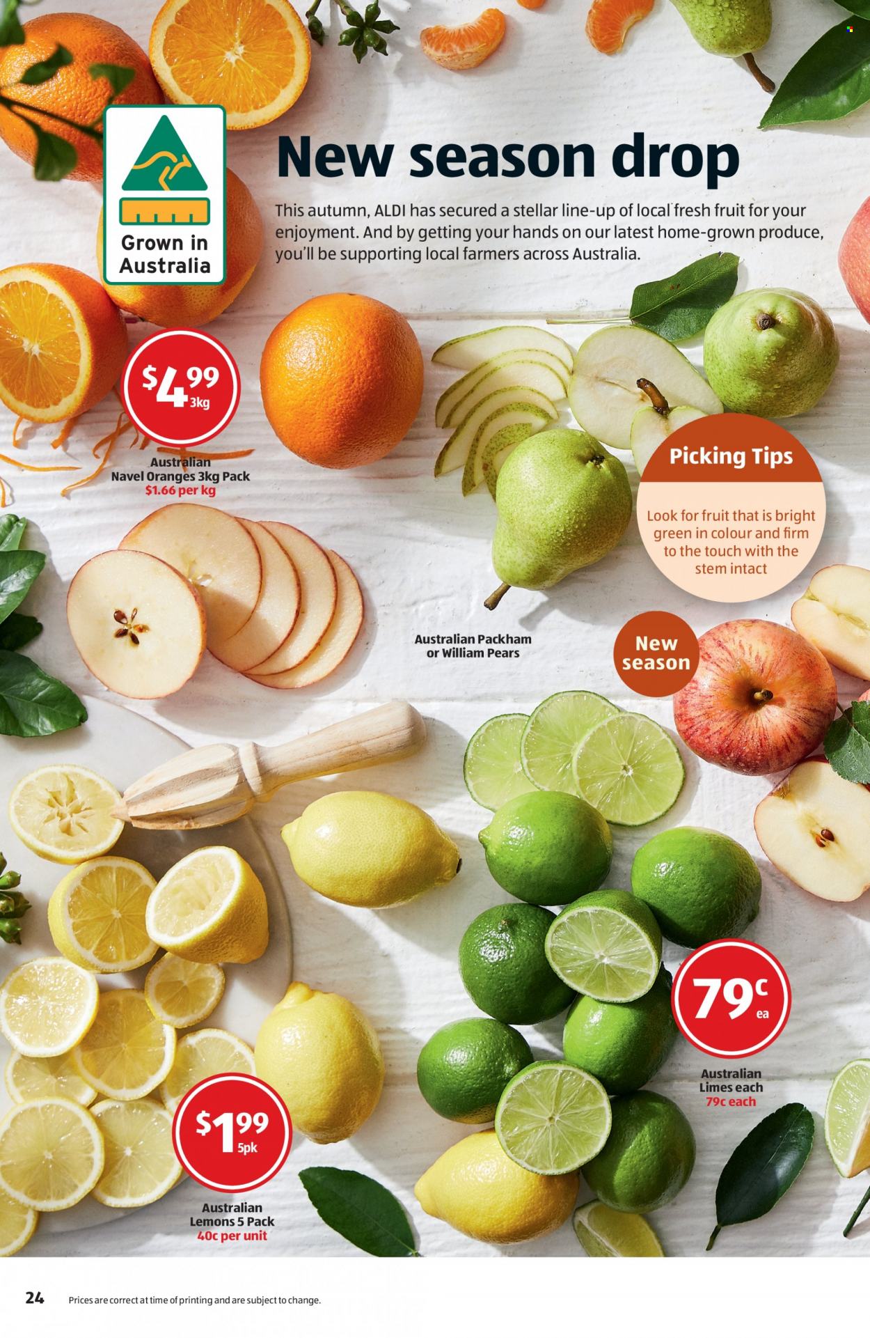 ALDI Catalogue - 19 May 2022 - 25 May 2022 - Sales products - limes, pears, orange, lemons, navel oranges. Page 24.