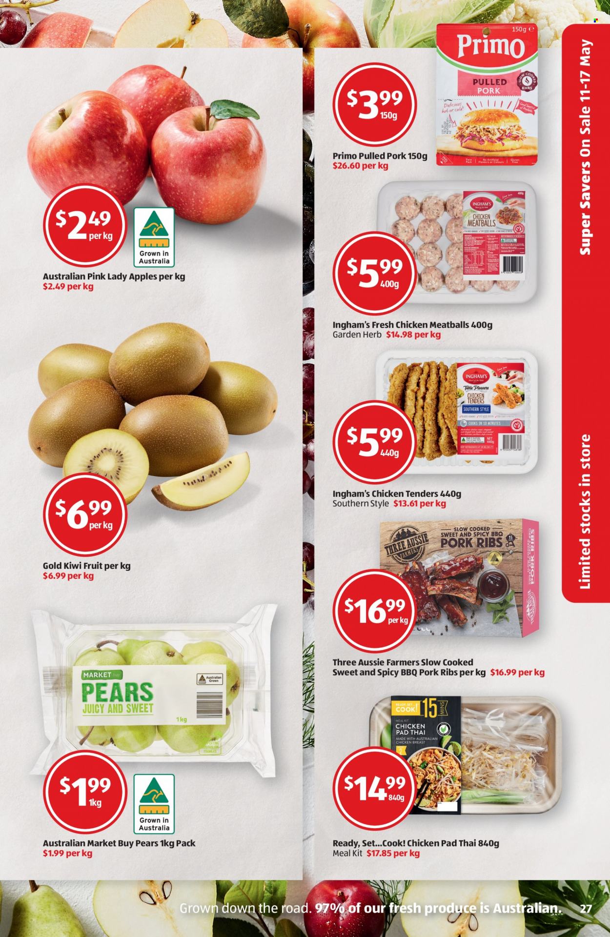 ALDI Catalogue - 19 May 2022 - 25 May 2022 - Sales products - kiwi, pears, apples, Pink Lady apples, chicken tenders, meatballs, pulled pork, herbs, chicken breasts, chicken meat, pork meat, pork ribs, Aussie, table. Page 27.