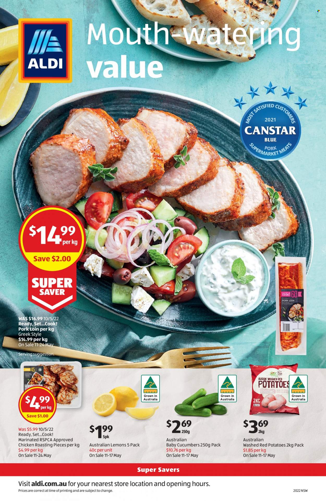 ALDI Catalogue - 19 May 2022 - 25 May 2022 - Sales products - cucumbers, potatoes, red potatoes, lemons, spice, pork loin, pork meat. Page 28.