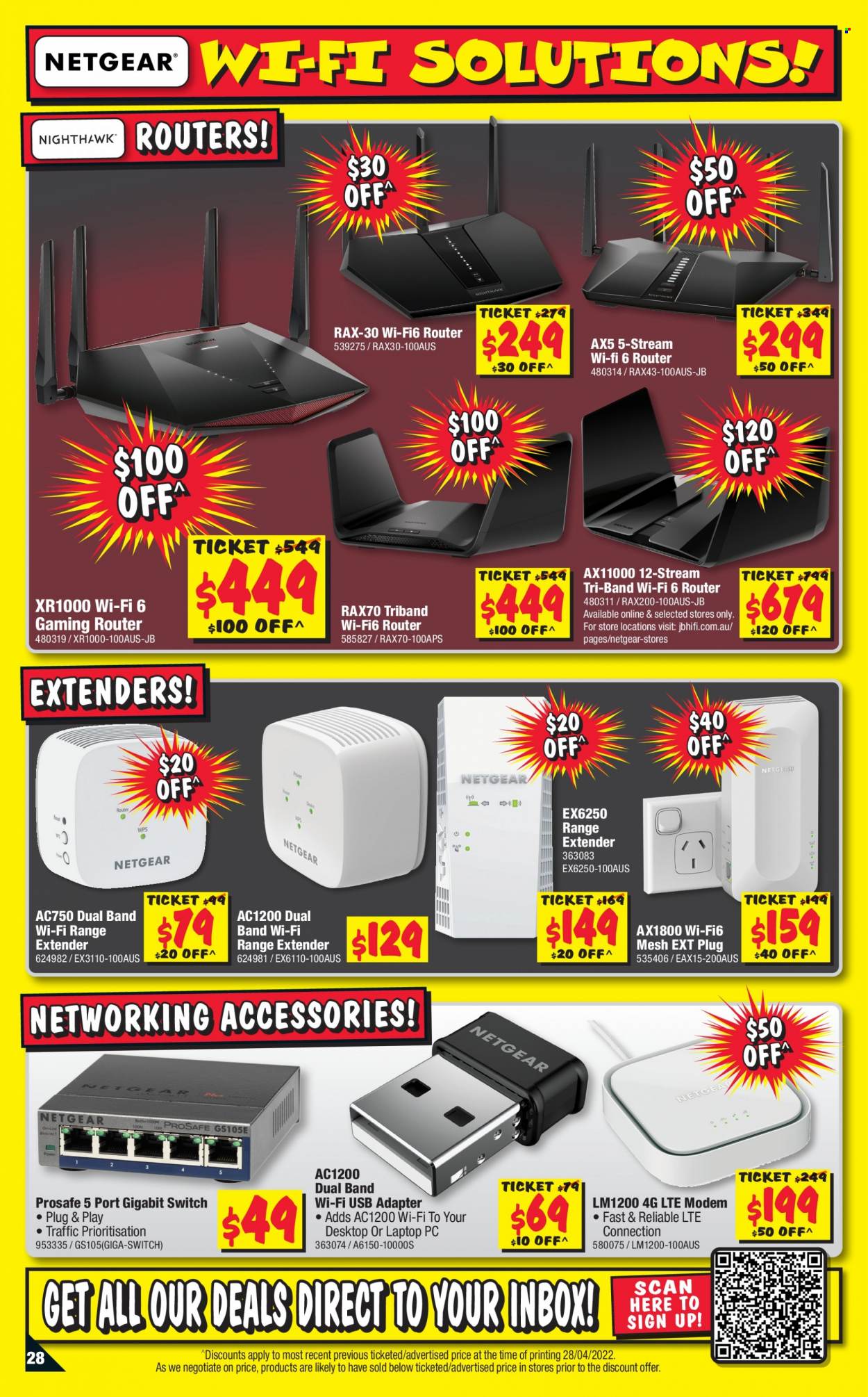JB Hi-Fi Catalogue - 12 May 2022 - 25 May 2022 - Sales products - range extender, router, Netgear, modem, adapter, switch. Page 28.