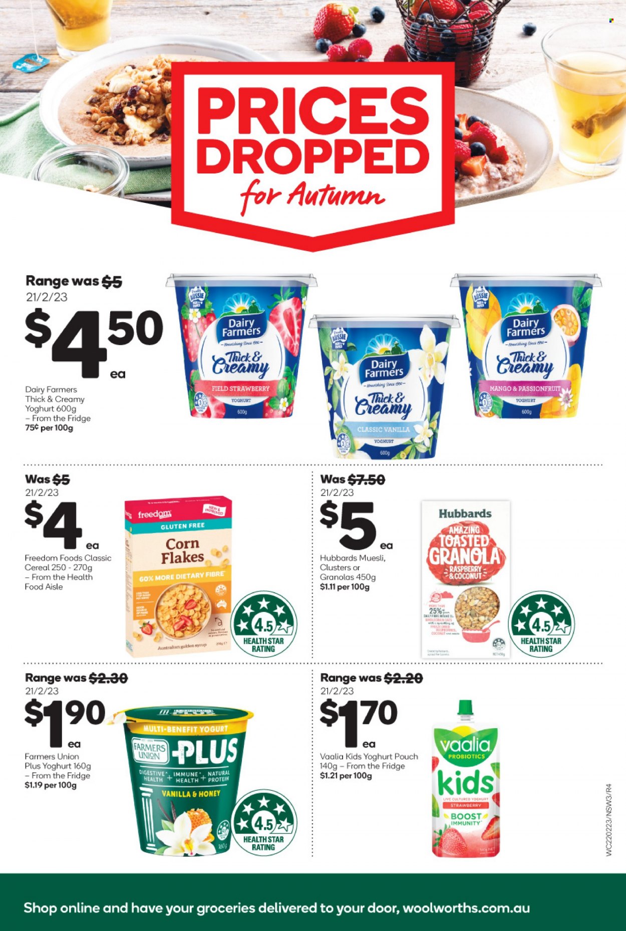 Woolworths Catalogue - 22 Feb 2023 - 23 May 2023 - Sales products - coconut, yoghurt, cereals, granola, corn flakes, muesli, honey, syrup, Boost, Aussie, probiotics. Page 3.