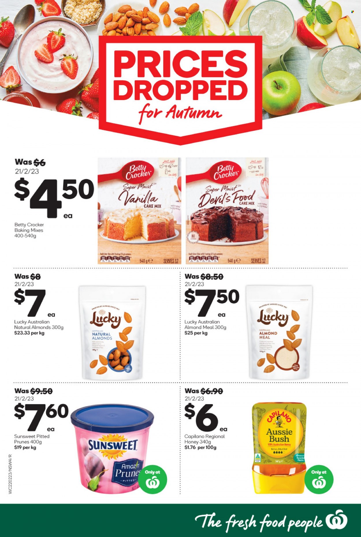 Woolworths Catalogue - 22 Feb 2023 - 23 May 2023 - Sales products - cake mix, almond meal, baking mixes, honey, prunes, dried fruit, Aussie. Page 4.