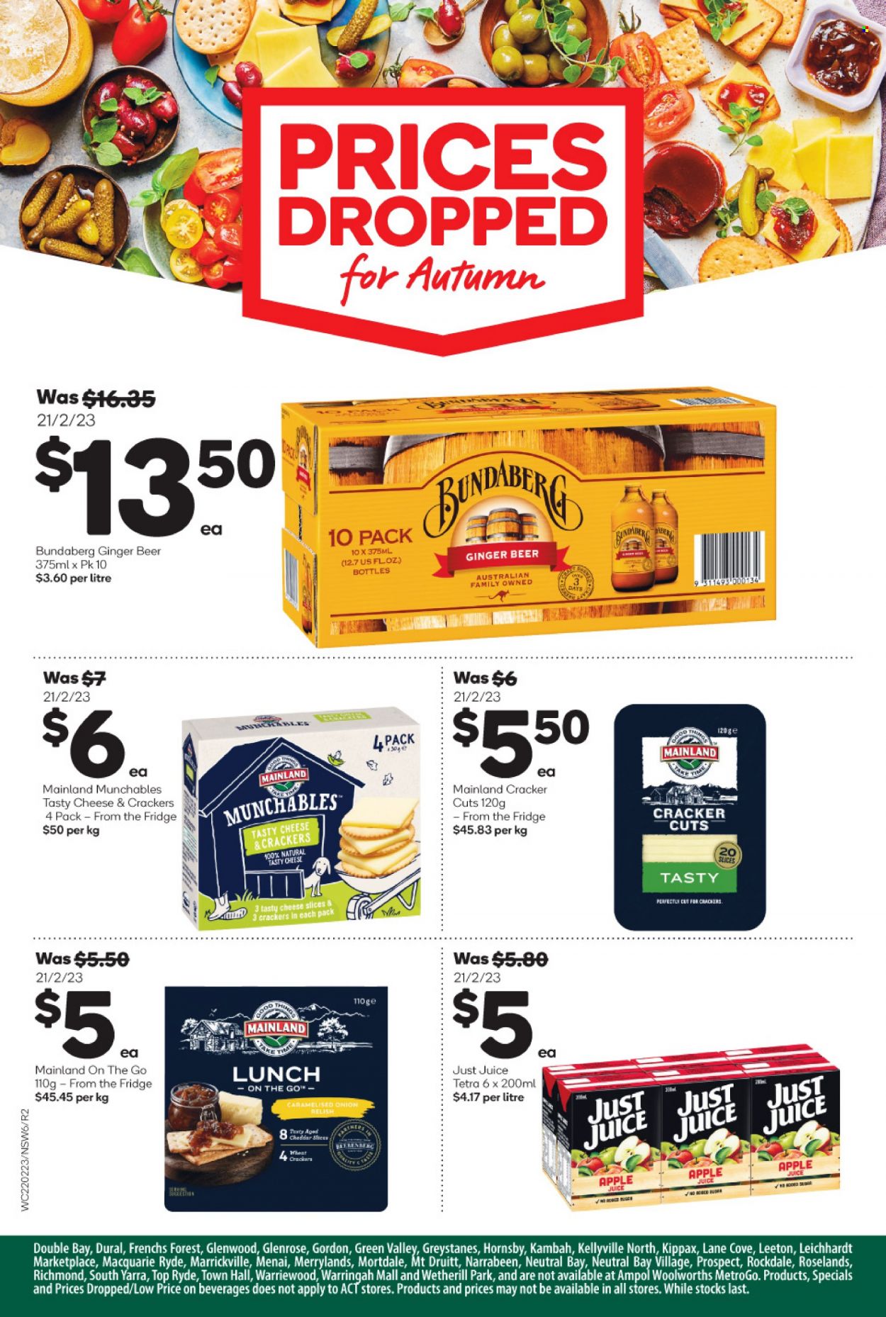 Woolworths Catalogue - 22 Feb 2023 - 23 May 2023 - Sales products - sliced cheese, cheddar, crackers, apple juice, juice, Bundaberg, beer, ginger beer. Page 6.