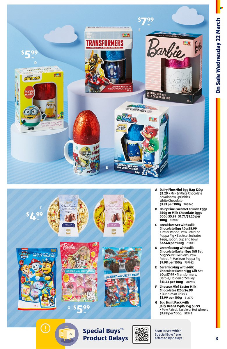 ALDI Catalogue - 22 Mar 2023 - 28 Mar 2023 - Sales products - bbq, gift set, milk chocolate, white chocolate, Paw Patrol, chocolate, easter egg, candy egg, jelly beans, chocolate eggs, caramel, Hot Wheels, Minions, Peppa Gris, ceramic mug, mug, spoon, cup, bowl, Monster Trucks. Page 3.