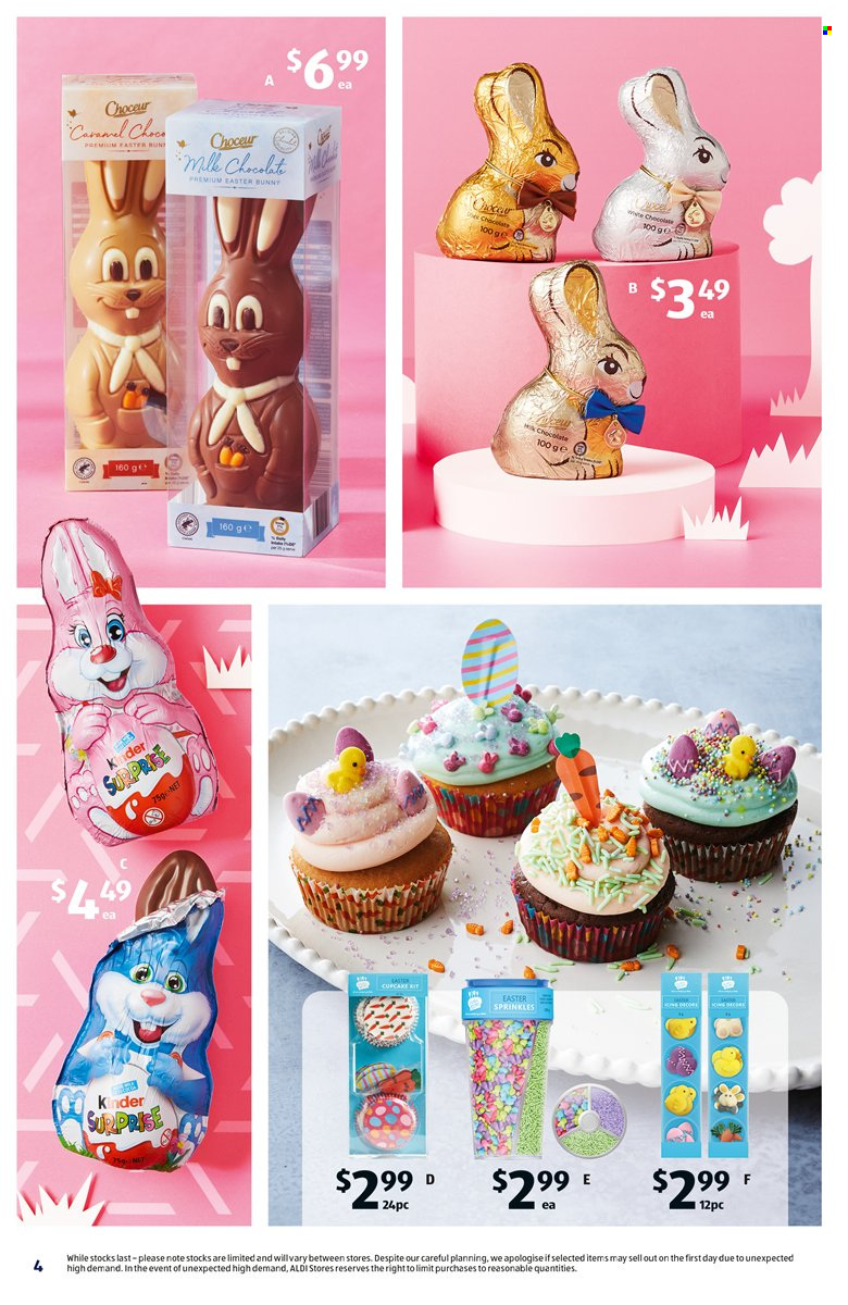 ALDI Catalogue - 22 Mar 2023 - 28 Mar 2023 - Sales products - cupcake, chocolate, Kinder Surprise, easter bunny, caramel. Page 4.
