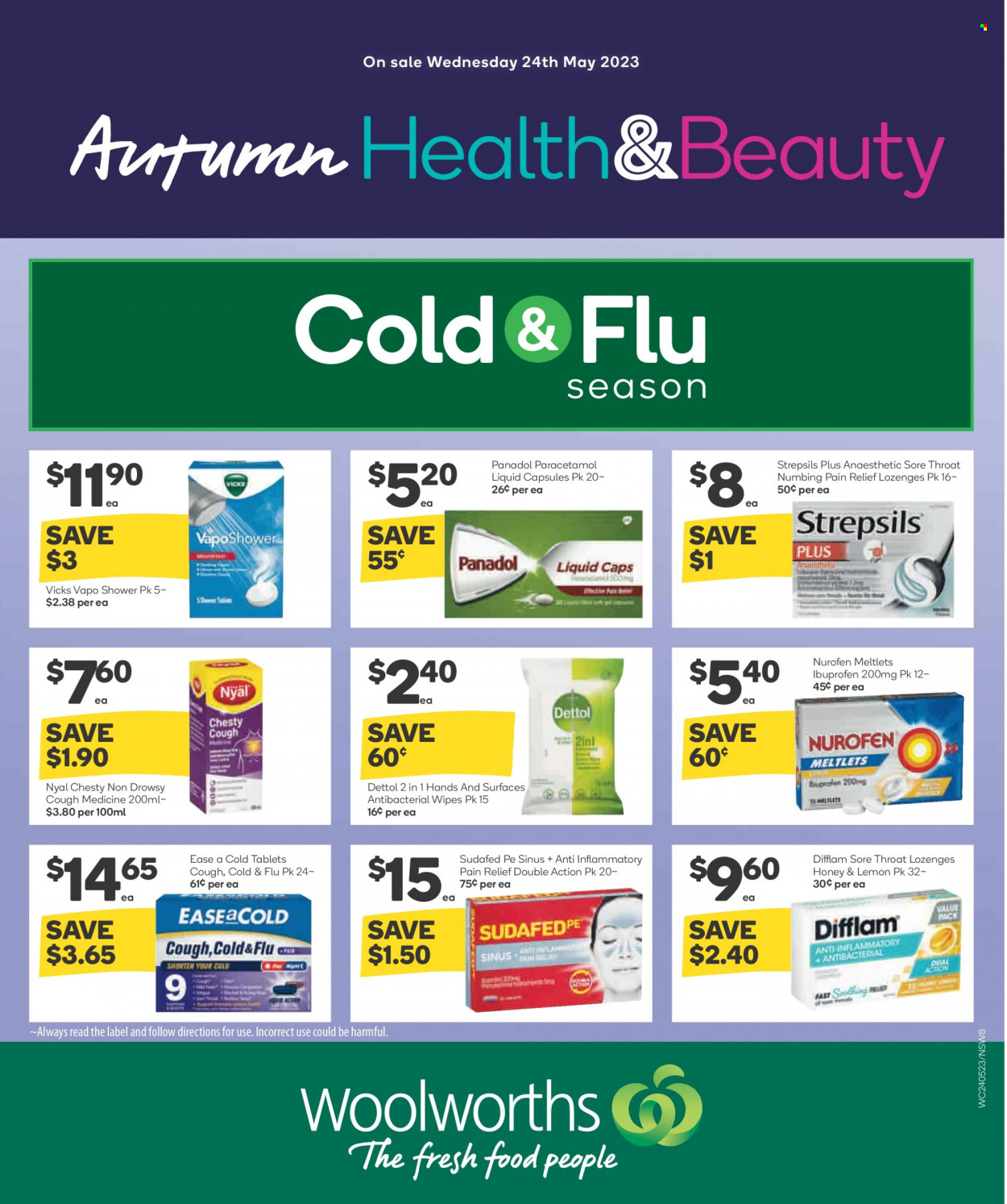 Woolworths Catalogue - 24 May 2023 - 30 May 2023 - Sales products - honey, wipes, Dettol, Vicks, Pain Relief, Cold & Flu, Sudafed, Ibuprofen, Strepsils, Nurofen, Panadol, medicine. Page 2.