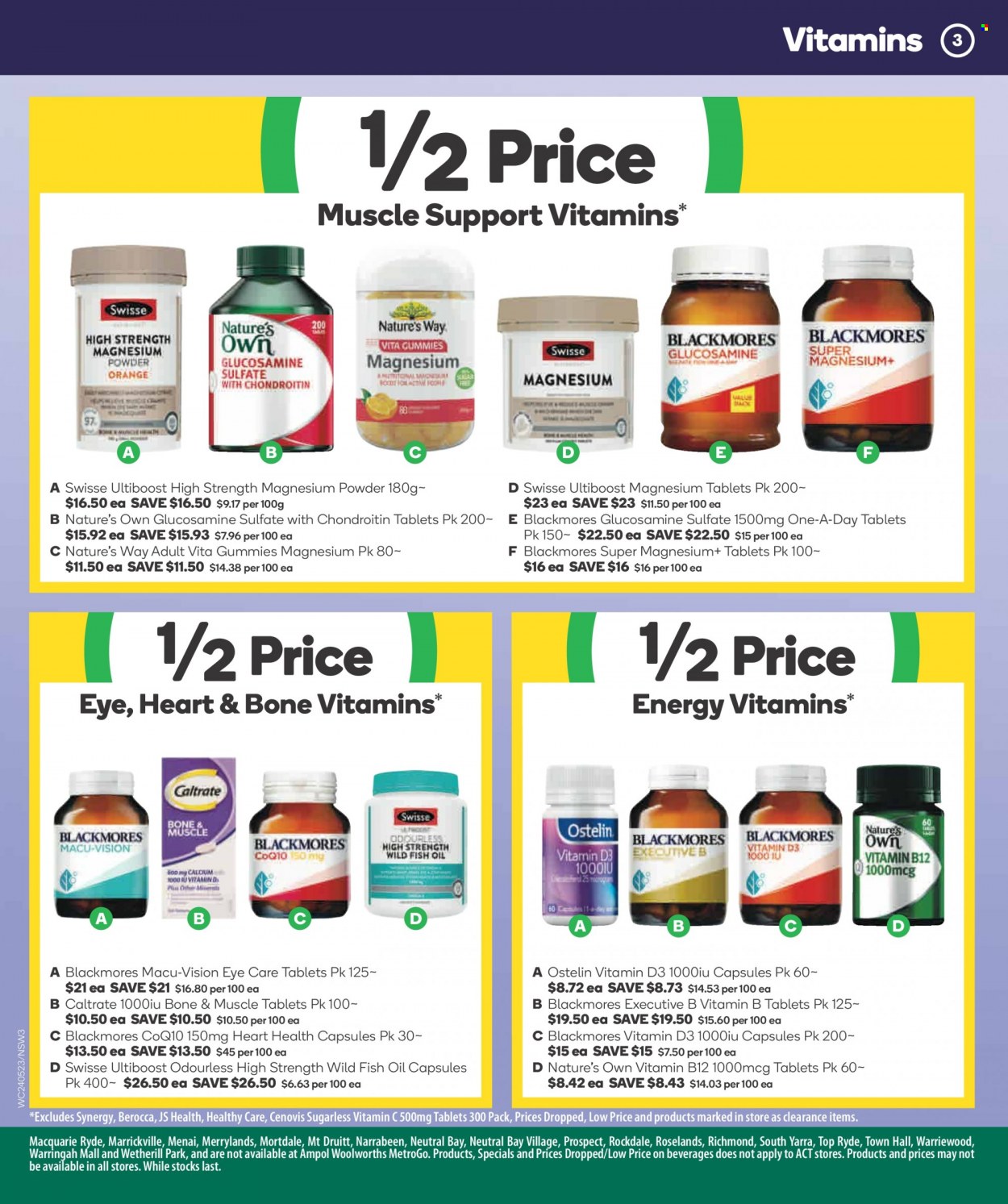 Woolworths Catalogue - 24 May 2023 - 30 May 2023 - Sales products - Swisse, fish oil, glucosamine, Magnesium, vitamin c, vitamin B12, Nature's Own, Cenovis, Berocca, vitamin D3, Ostelin, Blackmores. Page 4.