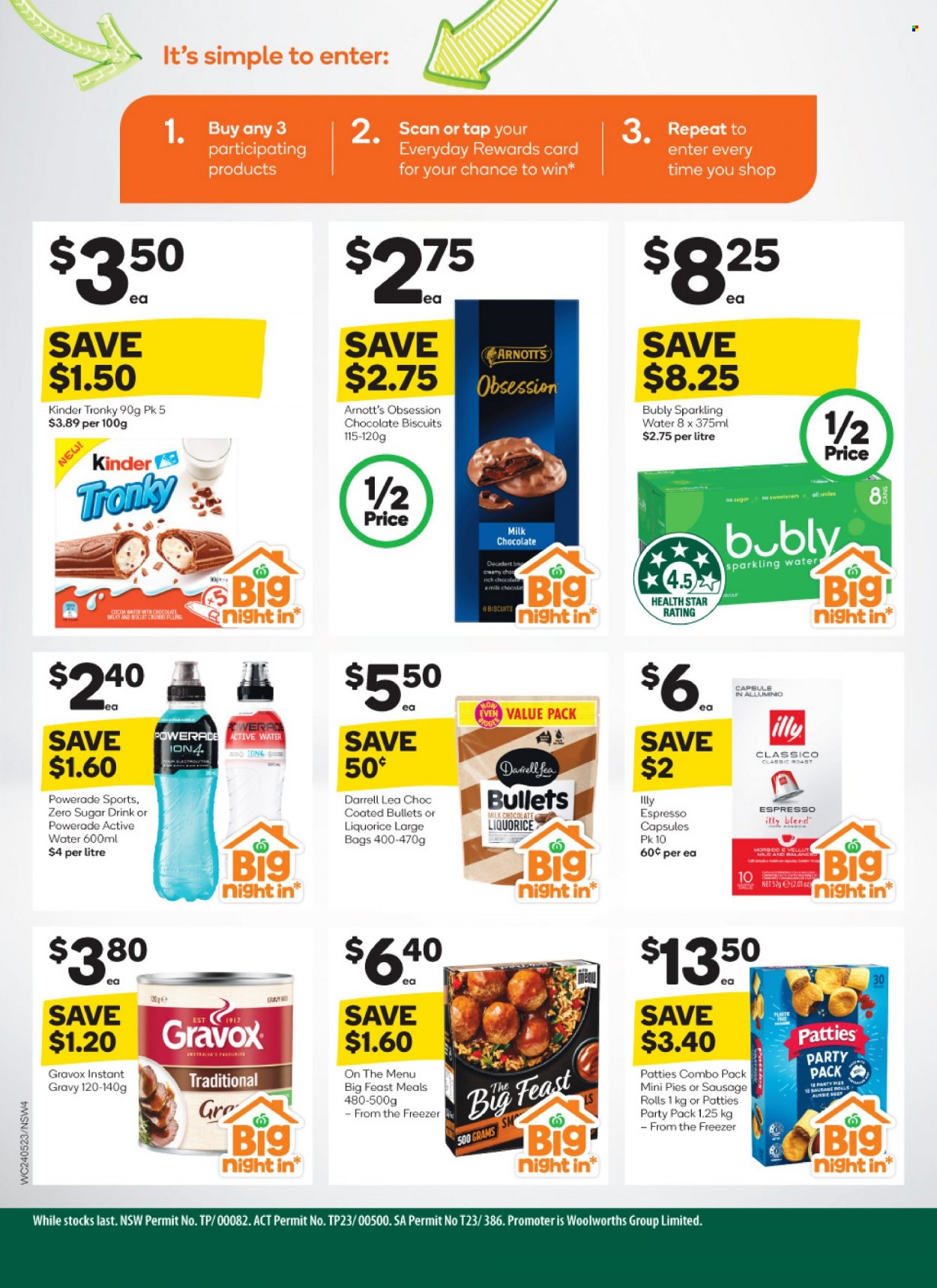 Woolworths Catalogue - 24 May 2023 - 30 May 2023 - Sales products - sausage rolls, pie, roast, milk chocolate, chocolate, biscuit, Classico, Powerade, energy drink, sparkling water, water, Illy, bag. Page 4.