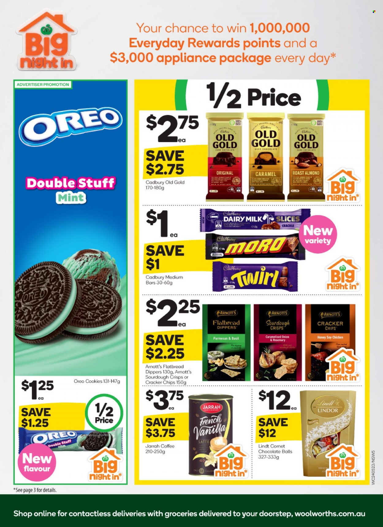 Woolworths Catalogue - 24 May 2023 - 30 May 2023 - Sales products - flatbread, roast, parmesan, Oreo, cookies, Lindt, Lindor, crackers, Cadbury, Dairy Milk, chips, caramel, honey, coffee, chicken, shirt. Page 5.