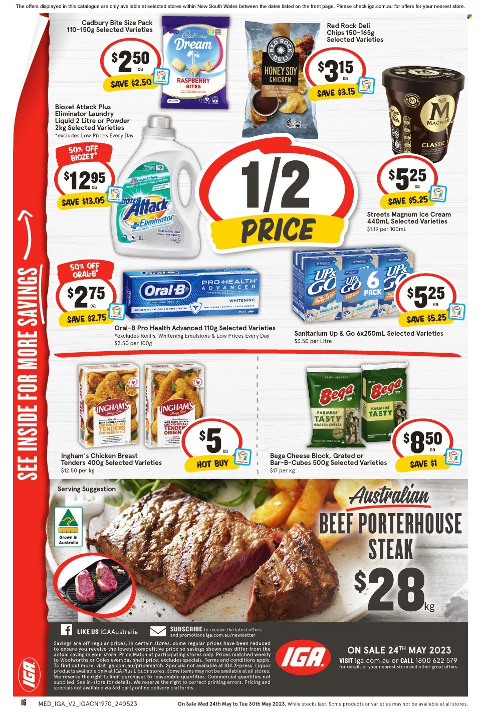 IGA Catalogue - 24 May 2023 - 30 May 2023 - Sales products - Ace, chicken tenders, grated cheese, ice cream, Cadbury, chips, honey, chicken meat, chicken, steak, laundry detergent, Oral-B. Page 2.