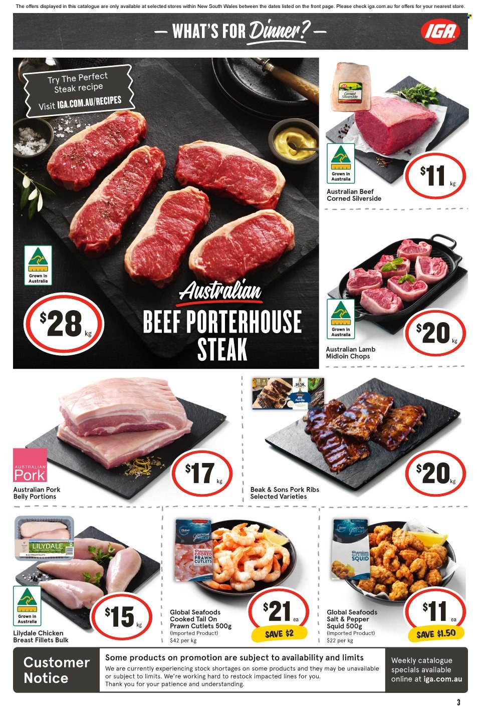 IGA Catalogue - 24 May 2023 - 30 May 2023 - Sales products - squid, prawns, chicken breasts, chicken meat, chicken, steak, ribs, pork belly, pork meat, pork ribs. Page 4.