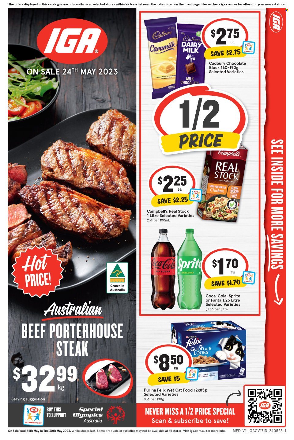 IGA Catalogue - 24 May 2023 - 30 May 2023 - Sales products - Campbell's, milk chocolate, chocolate, Cadbury, Dairy Milk, Coca-Cola, Sprite, Fanta, soft drink, chicken, steak, animal food, cat food, Purina, Felix, wet cat food. Page 1.