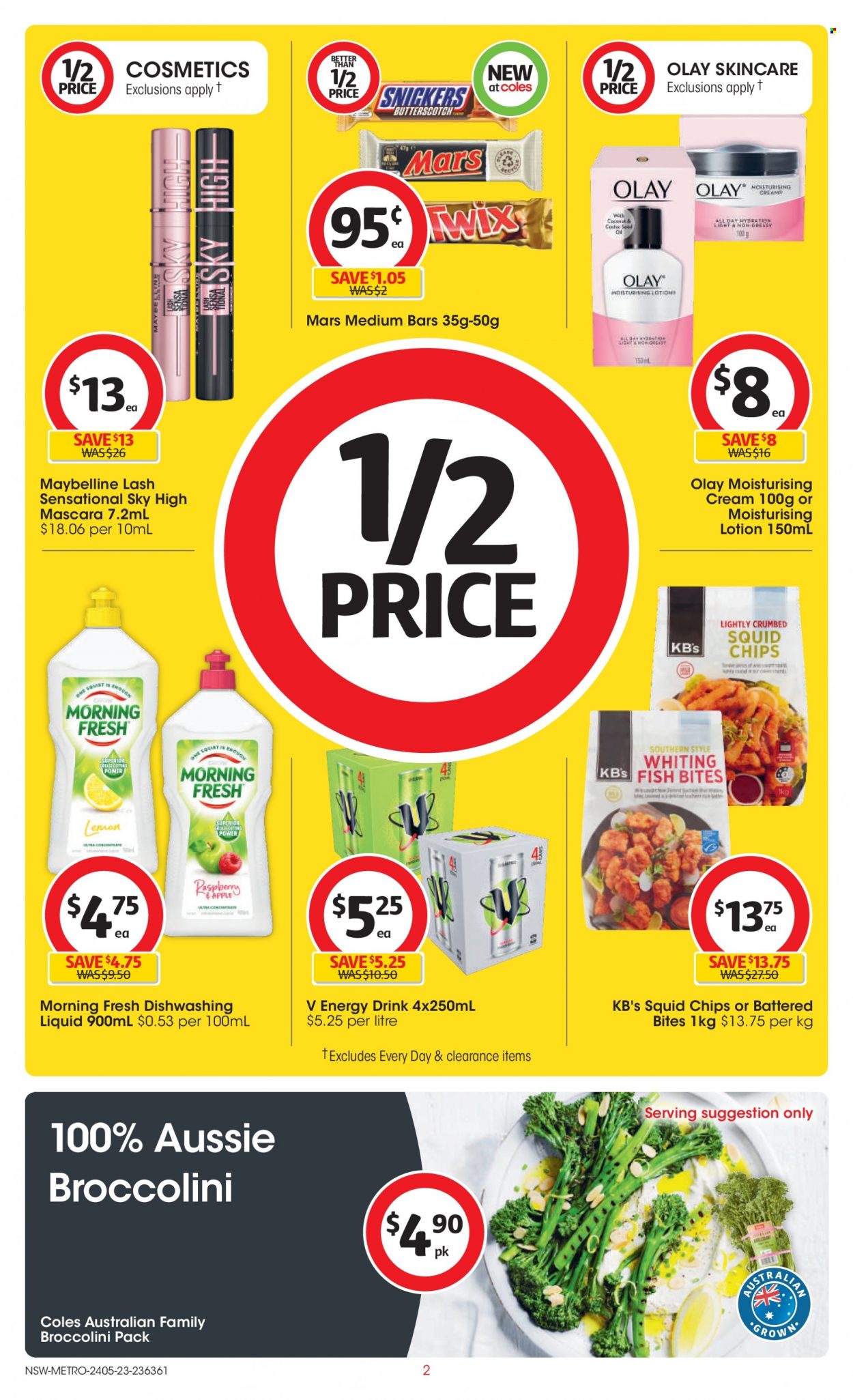 Coles Catalogue - 24 May 2023 - 30 May 2023 - Sales products - broccolini, squid, fish, whiting, butterscotch, Snickers, Mars, chips, energy drink, dishwashing liquid, Olay, Aussie, body lotion, mascara, Maybelline, Apple. Page 2.