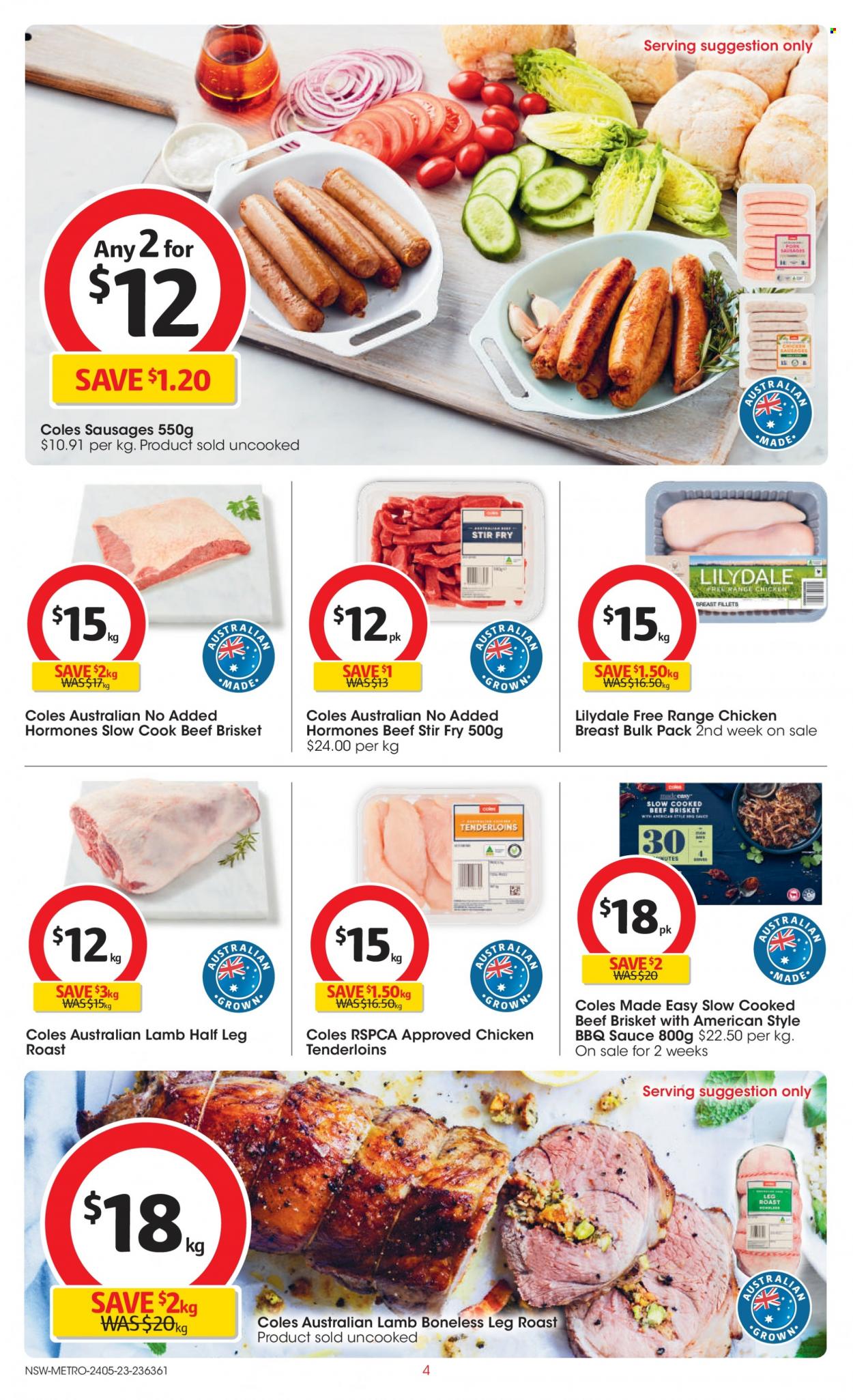 Coles Catalogue - 24 May 2023 - 30 May 2023 - Sales products - sauce, brisket, roast, bbq, sausage, barbecue sauce, chicken breasts, chicken meat, chicken, beef meat, beef brisket. Page 4.