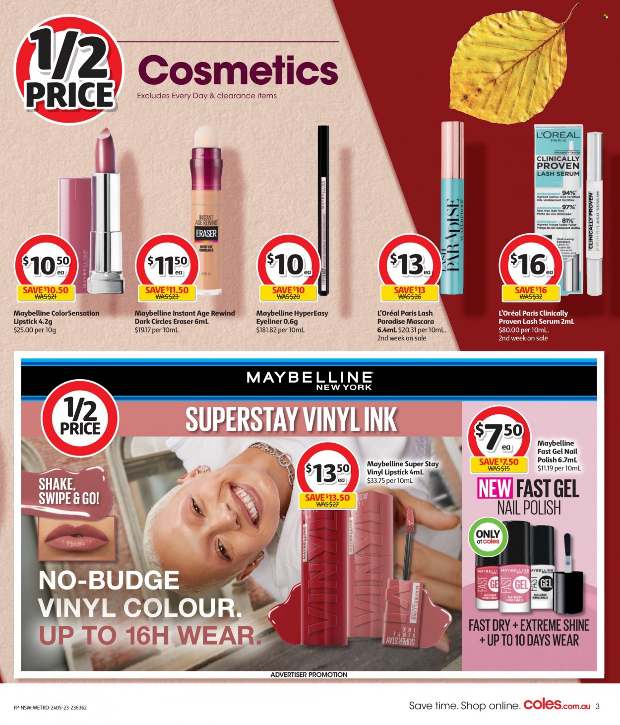 Coles Catalogue - 24 May 2023 - 30 May 2023 - Sales products - shakes, L’Oréal, serum, polish, corrector, lipstick, mascara, Maybelline, eyeliner, eraser, Go!. Page 3.