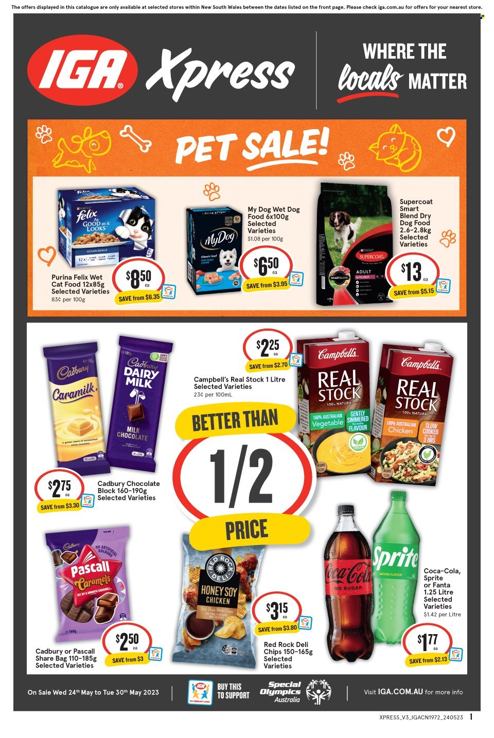IGA Xpress Catalogue - 24 May 2023 - 30 May 2023 - Sales products - Campbell's, milk chocolate, chocolate, Cadbury, Dairy Milk, chips, honey, Coca-Cola, Sprite, Fanta, soft drink, chicken, animal food, dry dog food, cat food, dog food, wet dog food, Purina, Supercoat, Felix, wet cat food. Page 1.
