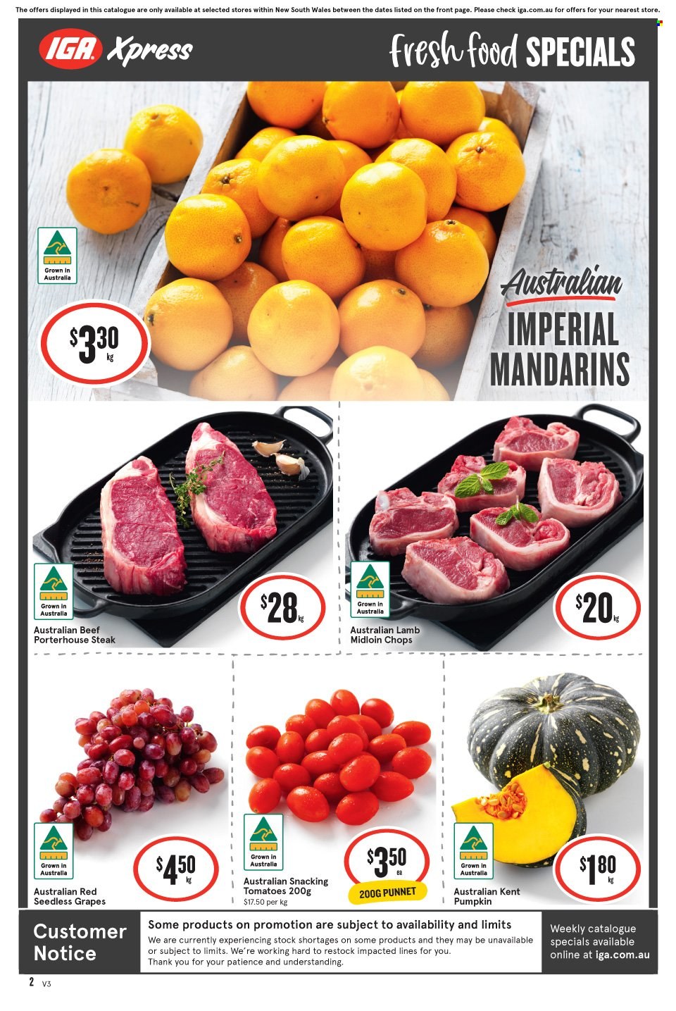 IGA Xpress Catalogue - 24 May 2023 - 30 May 2023 - Sales products - pumpkin, tomatoes, grapes, mandarines, seedless grapes, steak. Page 3.