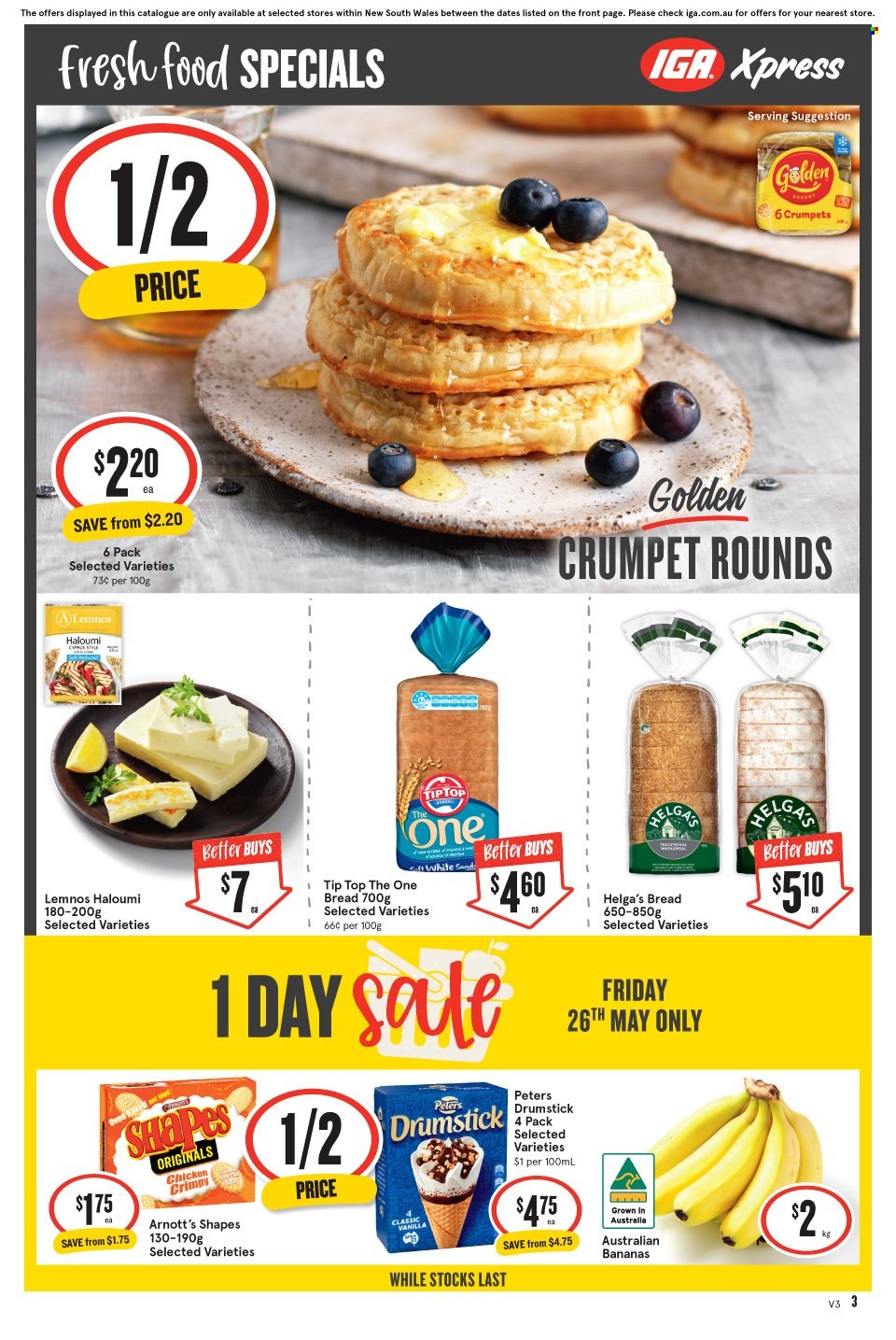 IGA Xpress Catalogue - 24 May 2023 - 30 May 2023 - Sales products - bread, Tip Top, crumpets, Golden Crumpet, bananas, salt, chicken. Page 4.