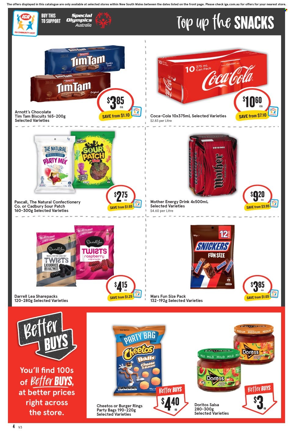 IGA Xpress Catalogue - 24 May 2023 - 30 May 2023 - Sales products - hamburger, Milo, chocolate, snack, Snickers, Mars, Tim Tam, biscuit, Cadbury, sour patch, Doritos, Cheetos, salty snack, salsa, Coca-Cola, energy drink, soft drink. Page 5.