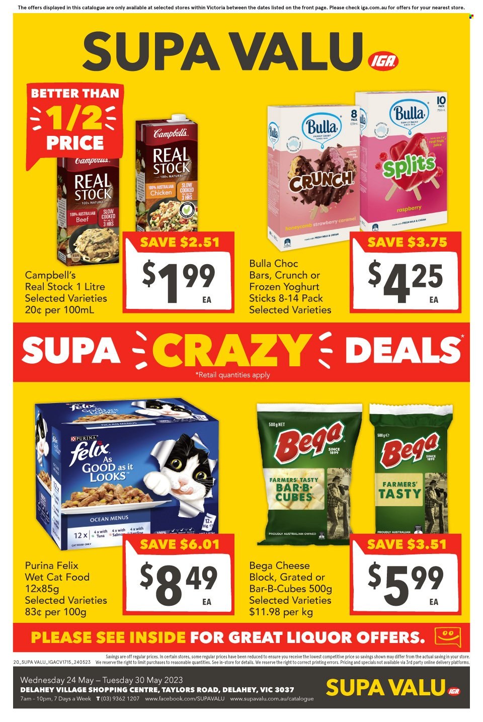 SUPA VALU Catalogue - 24 May 2023 - 30 May 2023 - Sales products - Campbell's, cheese, yoghurt, frozen yoghurt, caramel, liquor, chicken, animal food, cat food, Purina, Felix, wet cat food. Page 2.