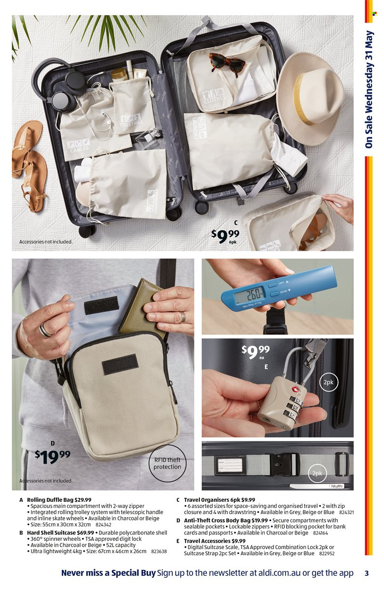 ALDI Catalogue - 31 May 2023 - 6 Jun 2023 - Sales products - scale, travel accessories, cross body bag, strap, charcoal. Page 3.
