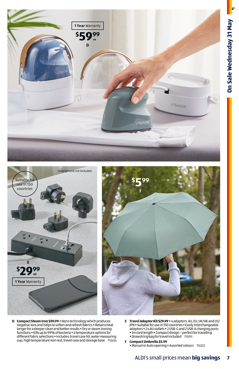 ALDI Catalogue - 31 May 2023 - 6 Jun 2023 - Sales products - water, lid, measuring cup, smartphone, steam iron, iron, drawstring bag, umbrella. Page 7.