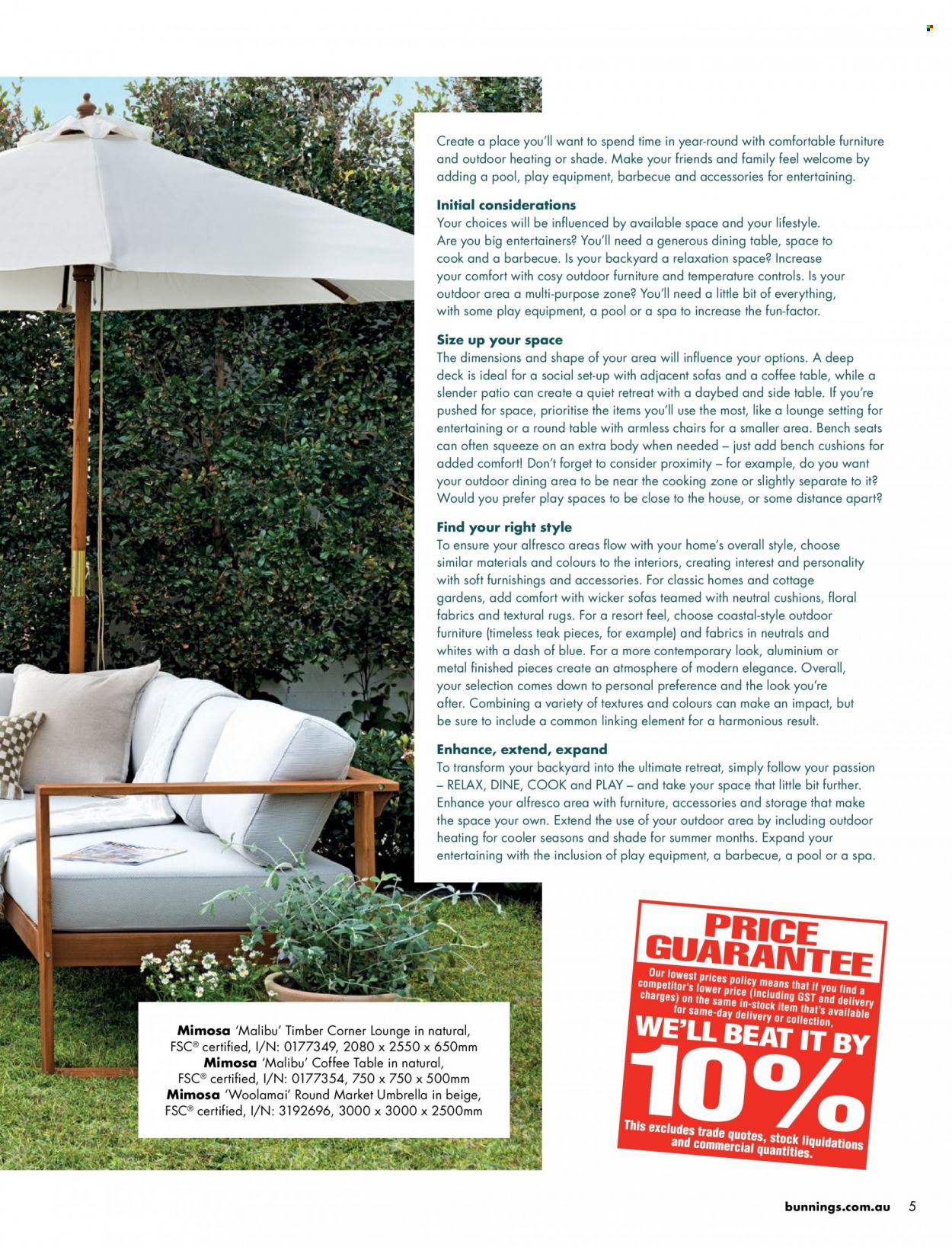 thumbnail - Bunnings Warehouse Catalogue - Sales products - dining table, table, chair, bench, sofa, lounge, coffee table, sidetable, daybed, outdoor furniture, cushion, bench cushion, rug, umbrella, parasol. Page 5.