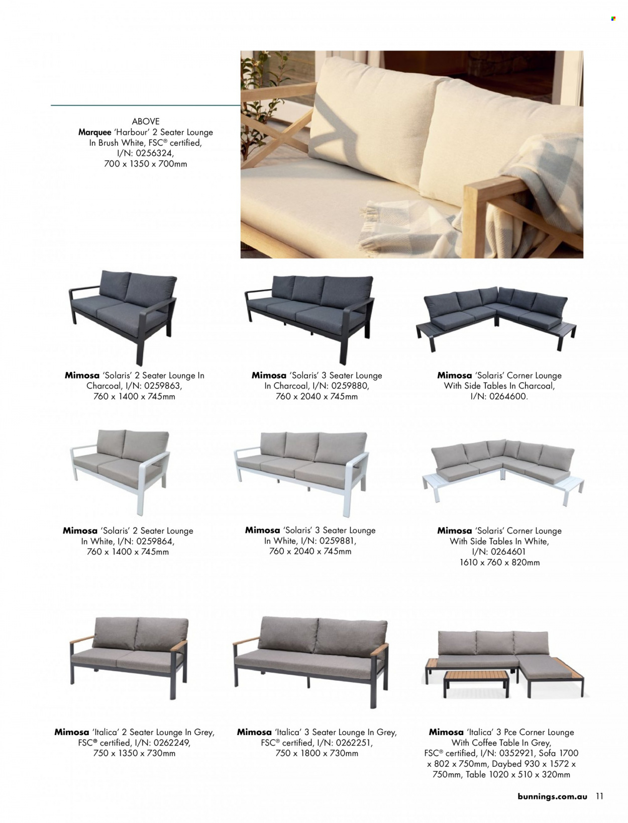 thumbnail - Bunnings Warehouse Catalogue - Sales products - table, sofa, lounge, coffee table, sidetable, daybed, brush. Page 11.
