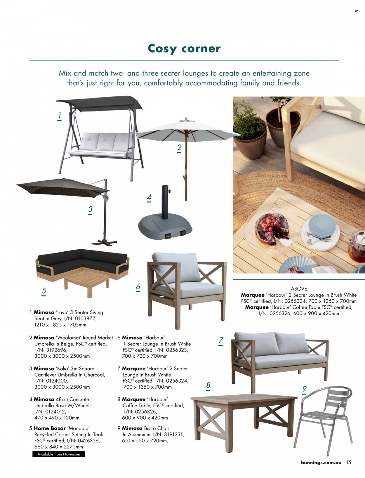thumbnail - Bunnings Warehouse Catalogue - Sales products - table, chair, lounge, coffee table, brush, umbrella. Page 15.