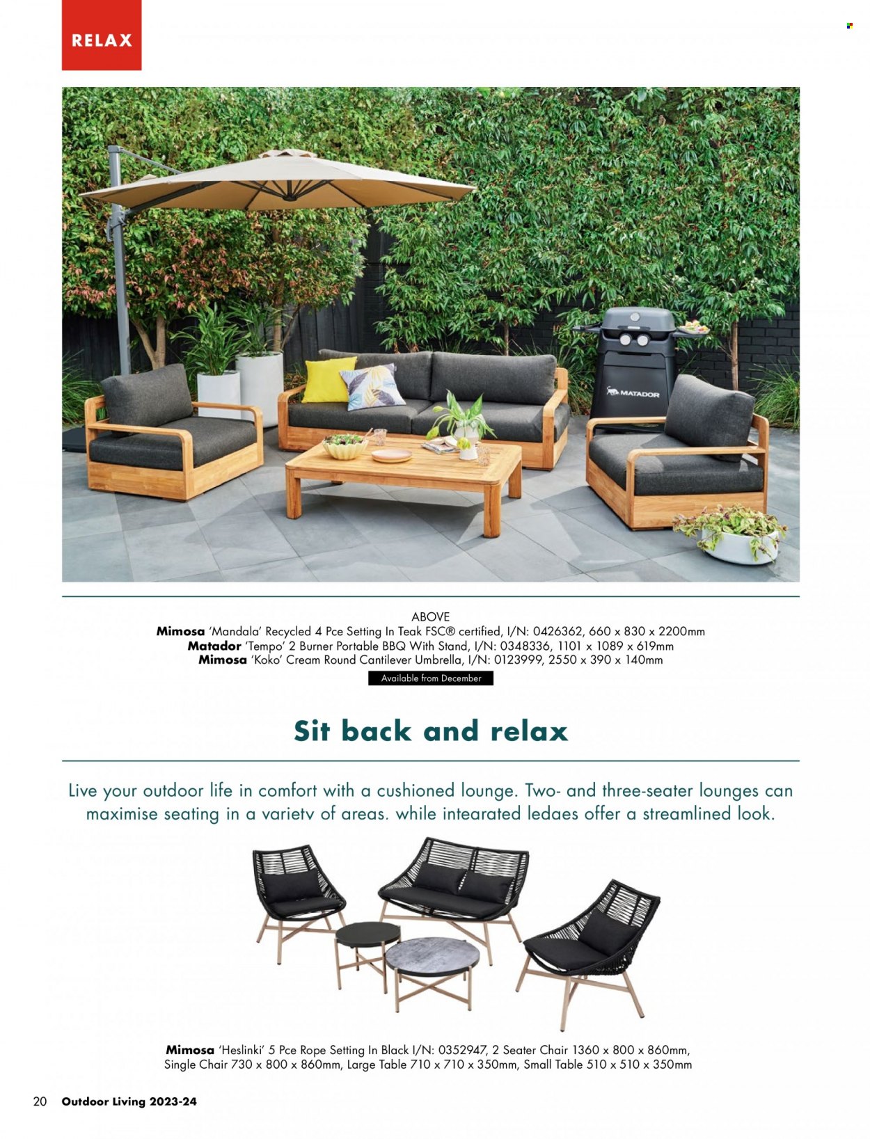 thumbnail - Bunnings Warehouse Catalogue - Sales products - table, chair, lounge, umbrella, portable barbecue. Page 20.