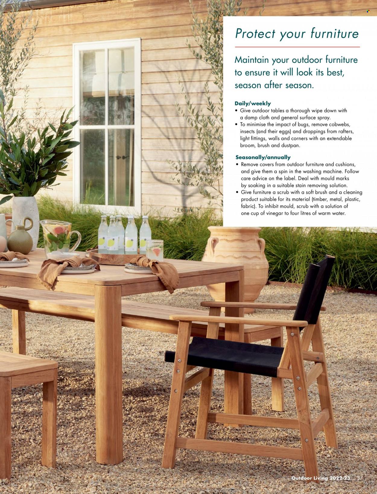 thumbnail - Bunnings Warehouse Catalogue - Sales products - table, outdoor furniture, cushion, cup, washing machine, brush. Page 37.