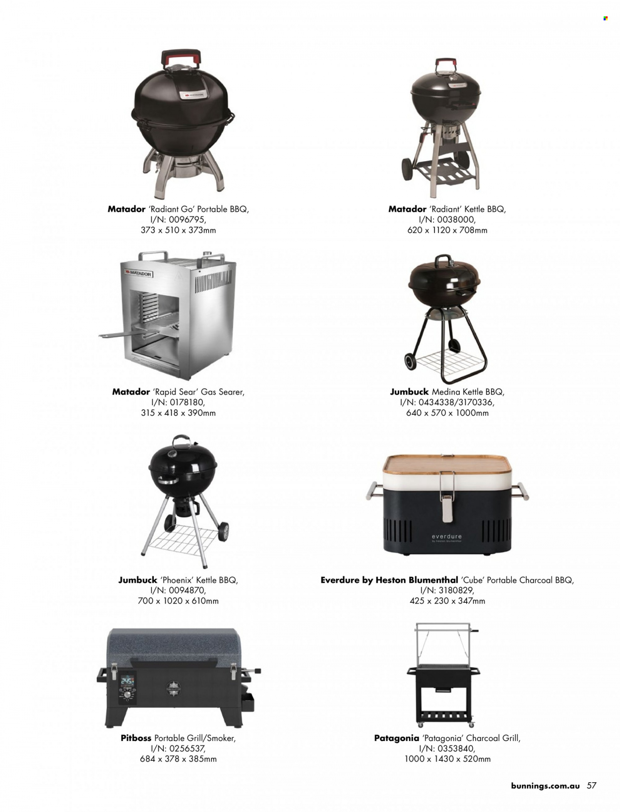 thumbnail - Bunnings Warehouse Catalogue - Sales products - grill, smoker, portable barbecue, charcoal grill. Page 57.