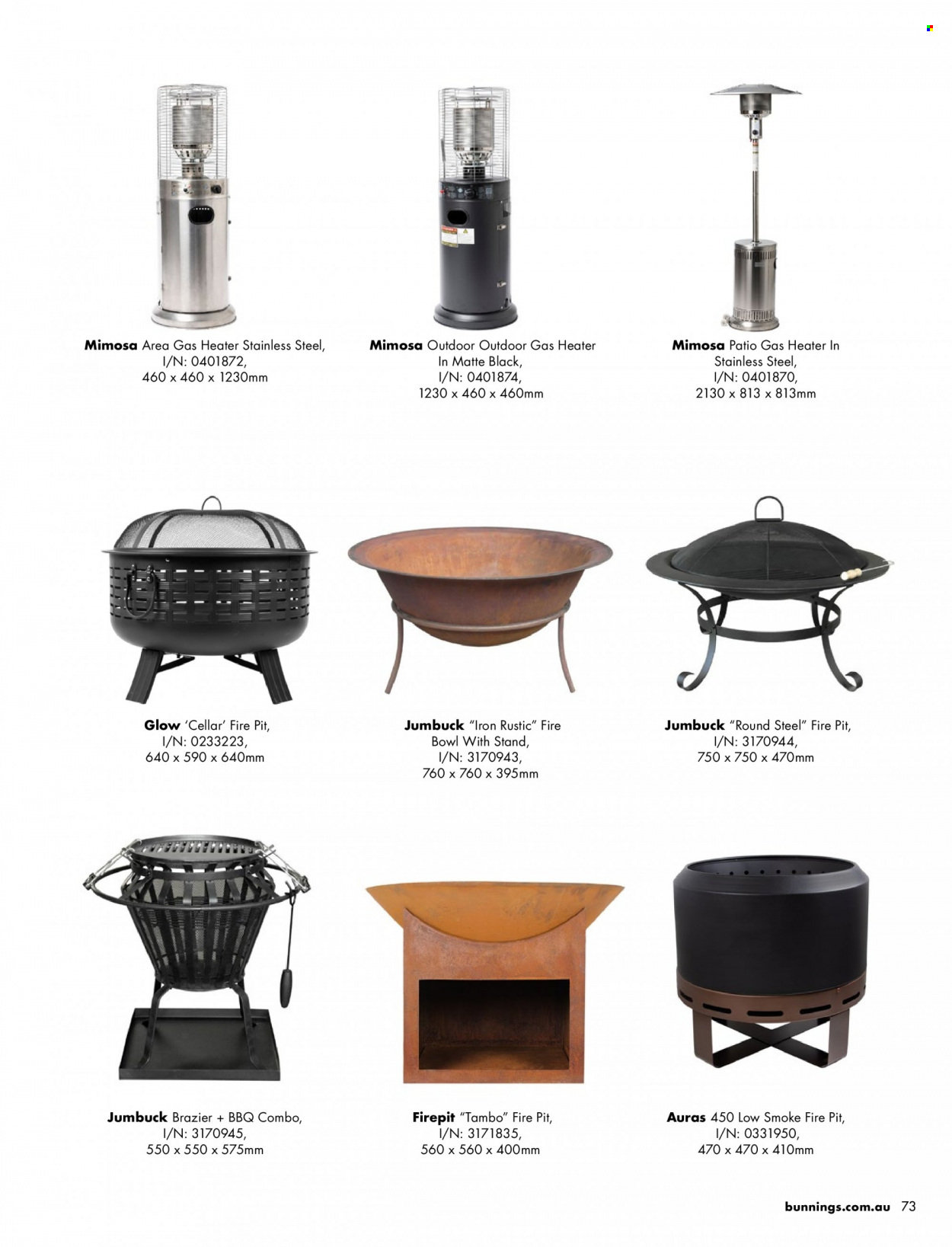 thumbnail - Bunnings Warehouse Catalogue - Sales products - iron, heater, gas heater, fire bowl. Page 73.