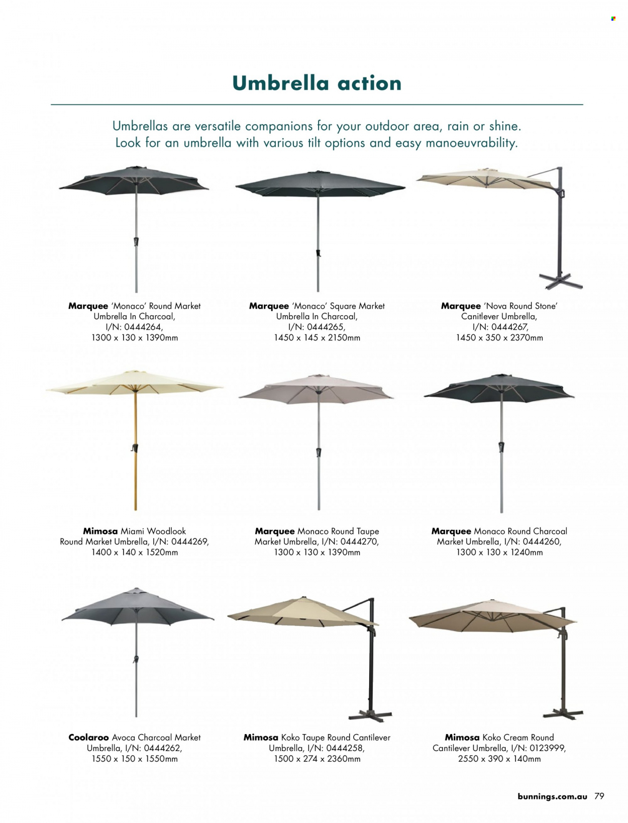 thumbnail - Bunnings Warehouse Catalogue - Sales products - charcoal, umbrella, parasol. Page 79.