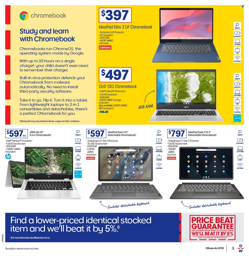 Officeworks Catalogue - 6 Oct 2023 - 5 Feb 2024 - Sales products - Intel, Asus, Lenovo, tablet, keyboard, laptop, chromebook. Page 3.
