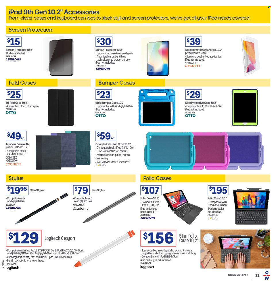 thumbnail - Officeworks Catalogue - 6 Oct 2023 - 5 Feb 2024 - Sales products - Apple, tablet, rechargeable battery, keyboard, laptop, Logitech. Page 11.