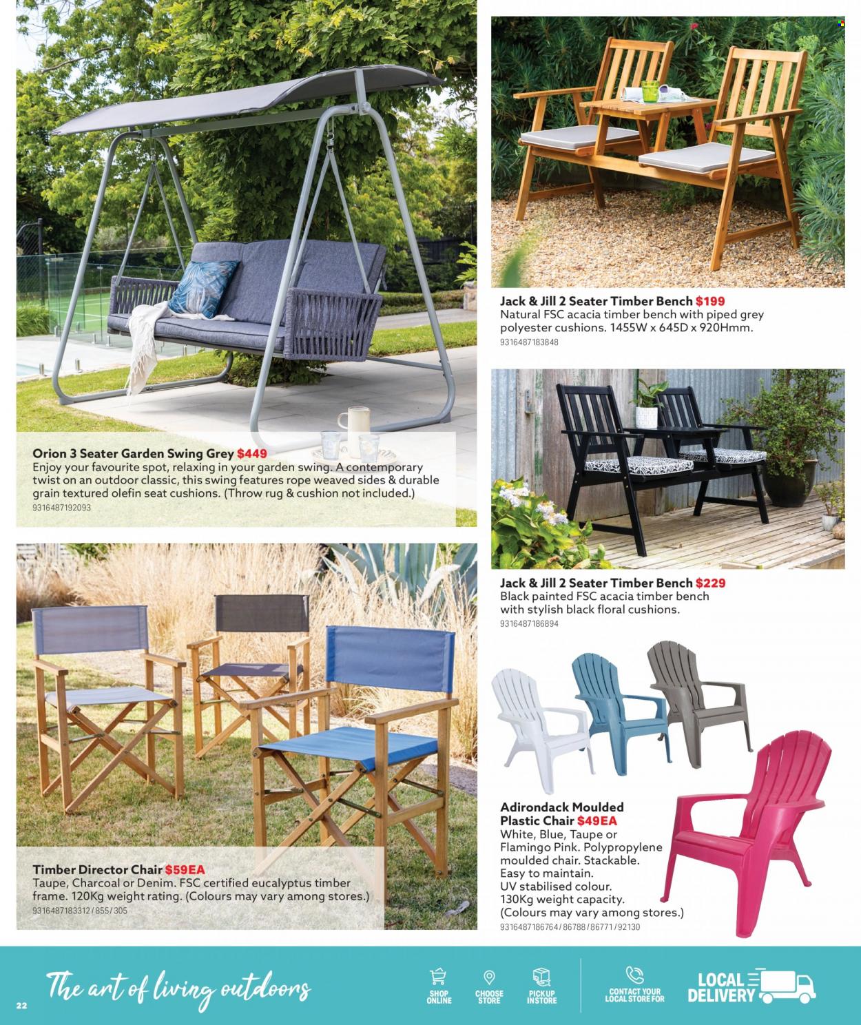 Mitre 10 Catalogue - 27 Sep 2023 - 31 Dec 2023 - Sales products - blanket, cushion, chair, bench, patio swing, rug, eucalyptus. Page 22.
